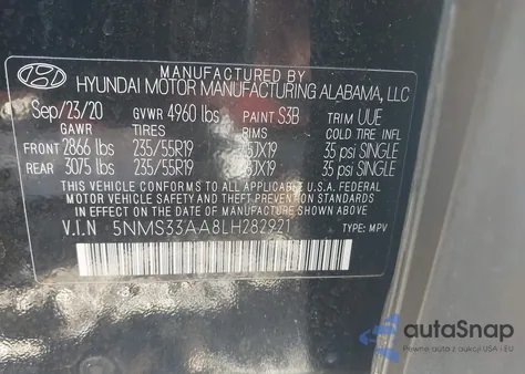 2020 Hyundai Santa Fe Sel 2.0T из США, поврежденный, VIN 5NMS33AA8LH282921